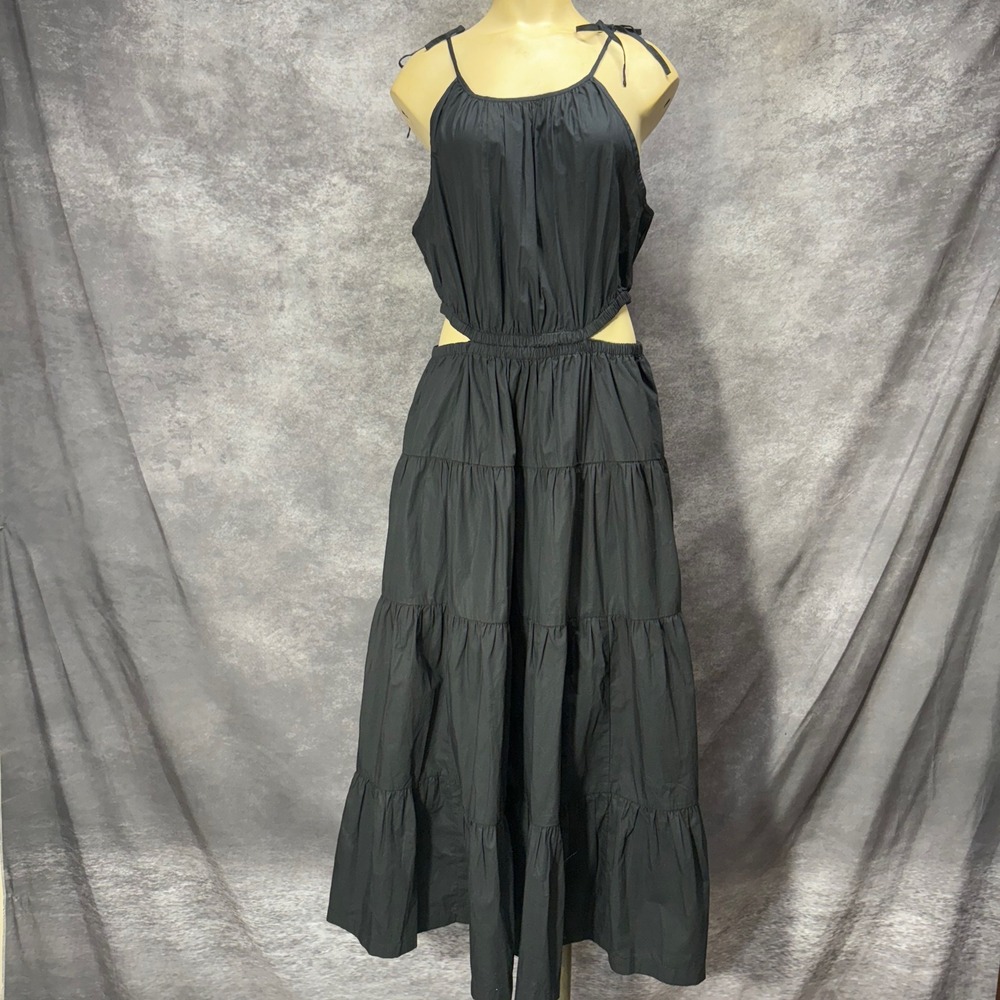 J.Crew Harbour Maxi Dress Size L Tall Black Side Cut Out Tiered Tie Straps NWT